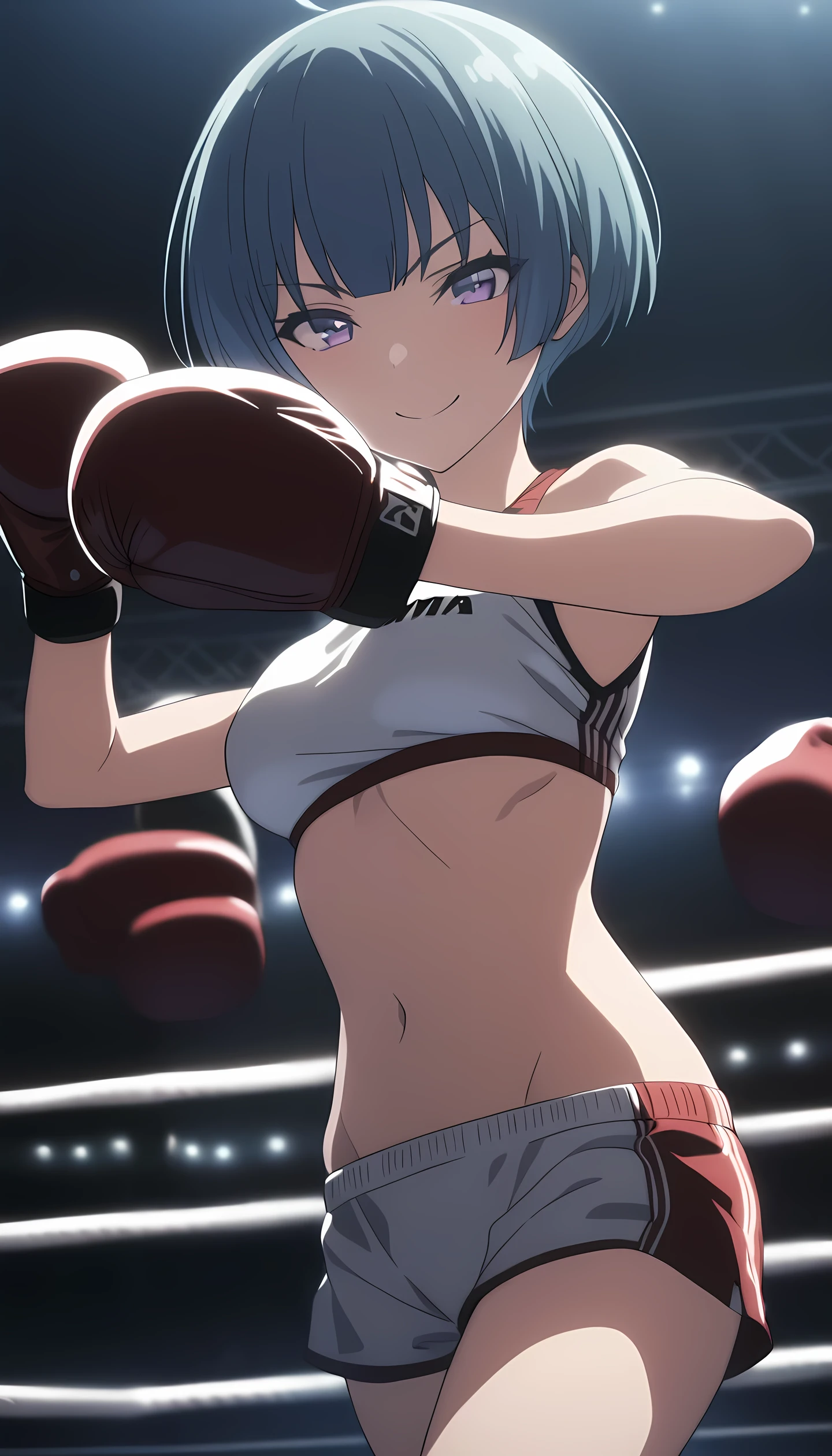 ibuki, 1girl, short hair, bangs, blue hair, purple eyes, masterpiece, best quality, (wearing sexy sports wear:1.5, boxing gloves, bare thigh, navel), (on MMA Arena :1.5), smile, Toned stomach, looking at viewer,cinematic lighting, side lighting, anime screencap,Ultra HD,Detailed eyes,Detailed face,