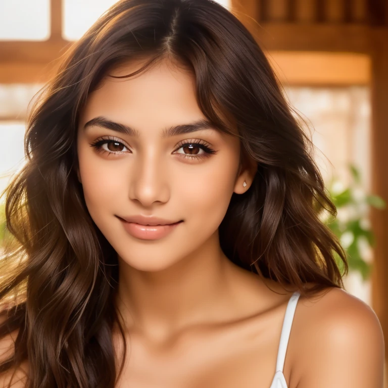 masterpiece, high resolution, photorealistic, superb detail, 18 year old Pakistani girl, just woken up, bindi, ivory skin, slim figure, bright professional lighting, nude, long black hair, topless, small breasts, reclining on a bed, perfect navel, beautiful face, Looks like Nina Dobrev, Smiling at the camera, full frontal view, full body view, high heel shoes