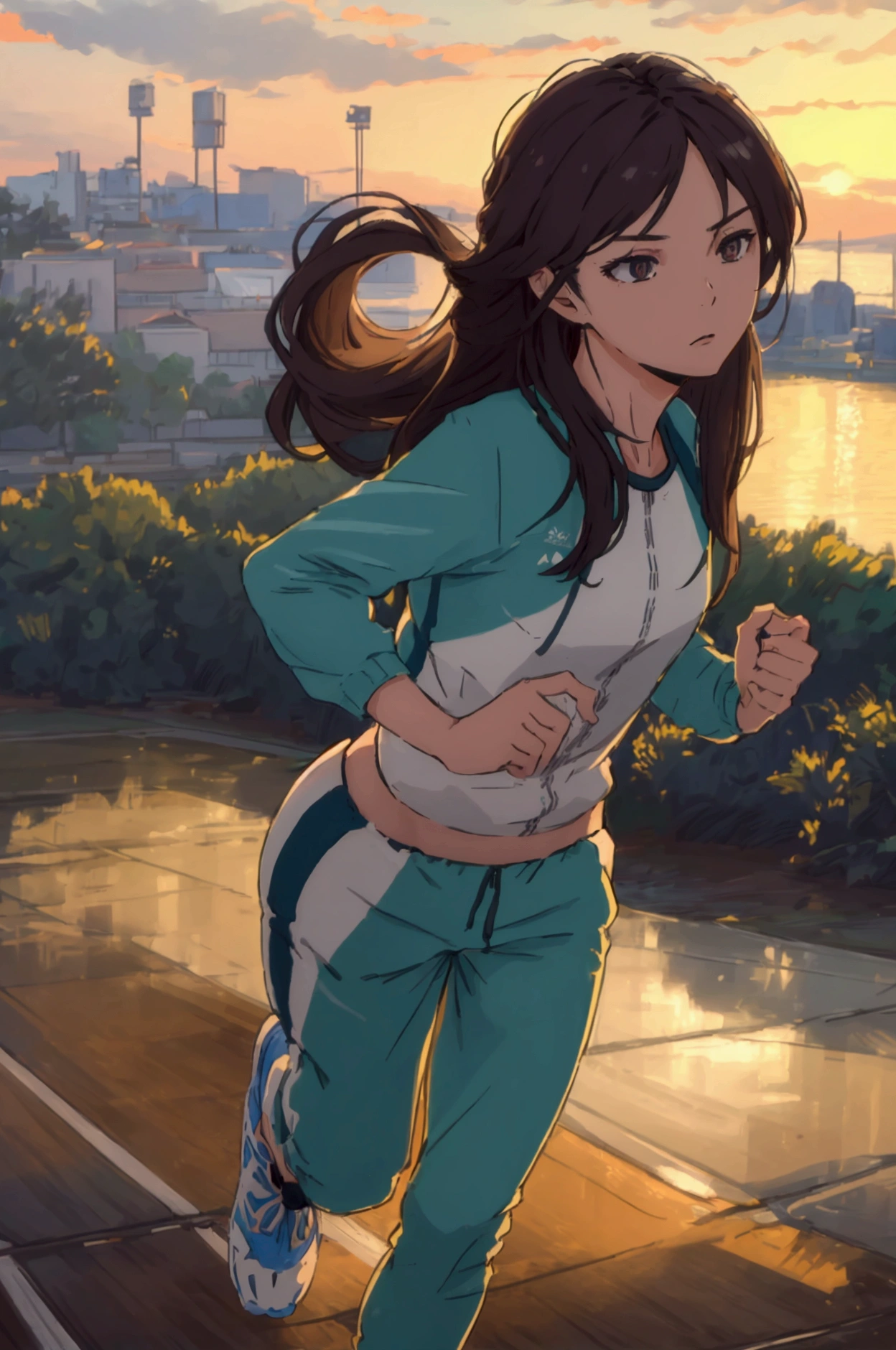 a girl in a track suit, long hair, running, dawn, (best quality,4k,8k,highres,masterpiece:1.2),ultra-detailed,(realistic,photorealistic,photo-realistic:1.37),portrait,landscape,natural lighting,warm colors,dynamic pose,determined expression,outdoor scenery,morning sky,silhouette against sunrise     