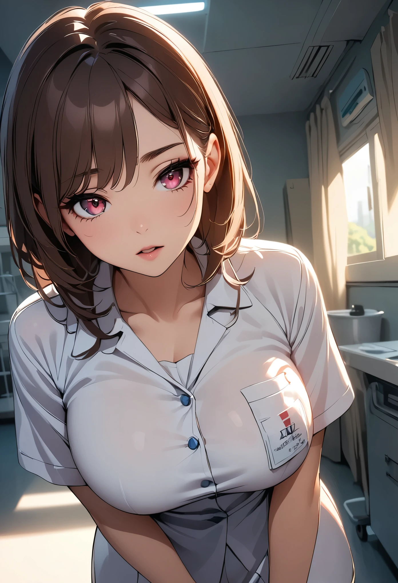 1girl, natural lighting, masterpiece, highly detailed, illustration, game CG, absurdres, high quality, aichan, (large breasts), beautiful detailed eyes, short hair, ponytail, light curled hair, bangs, glossy lips, lips parted, collarbone, nurse, white nurse dress, nurse headband, ID card, looking at viewer, shocked, surprised, upset, (quicksand:1.3)