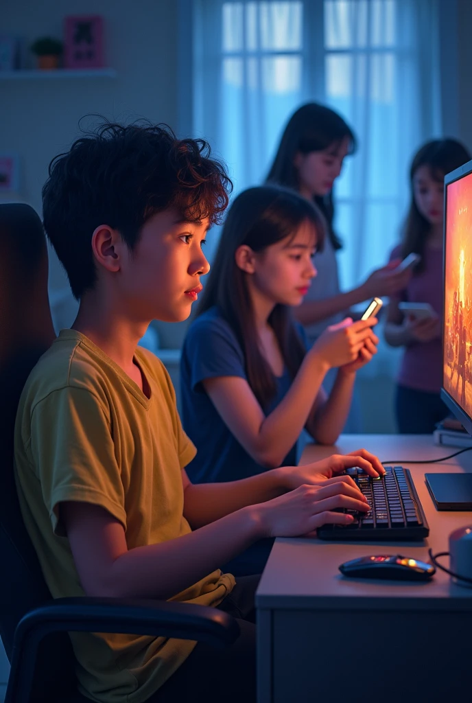 Create a photo with 1 person looking for something to watch while another person next to them without showing their face without light and only one person of approximately 14 years old 

