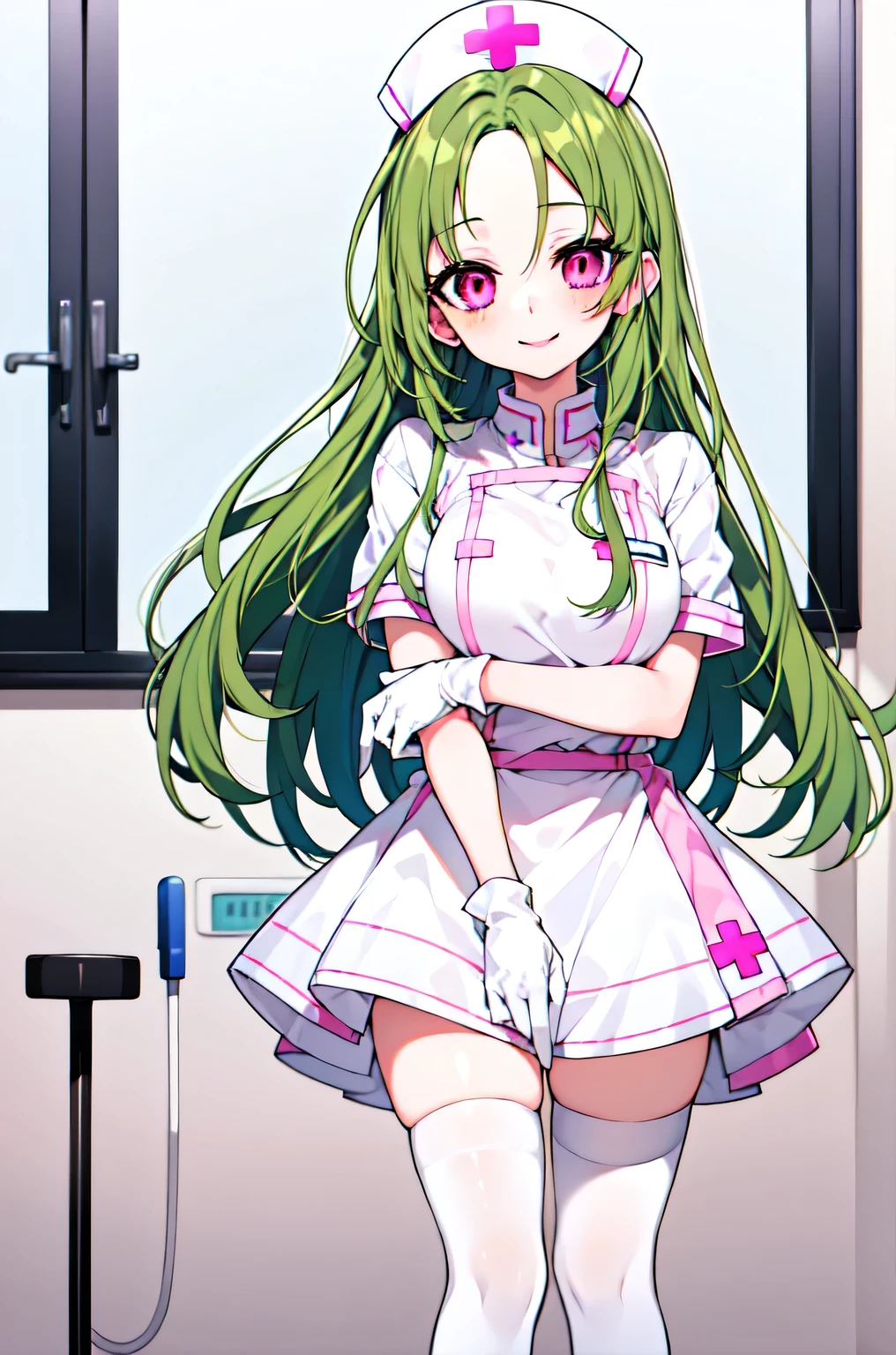 1woman, solo, nurse, white nurse cap, white nurse uniform, ((white legwear, zettai ryouiki)), white gloves, forehead, long hair, green hair, pink eyes, pink lips, smile, standing, ((hospital room)), sharp outline, short sleeves, mature female, 35yo, best quality, masterpiece