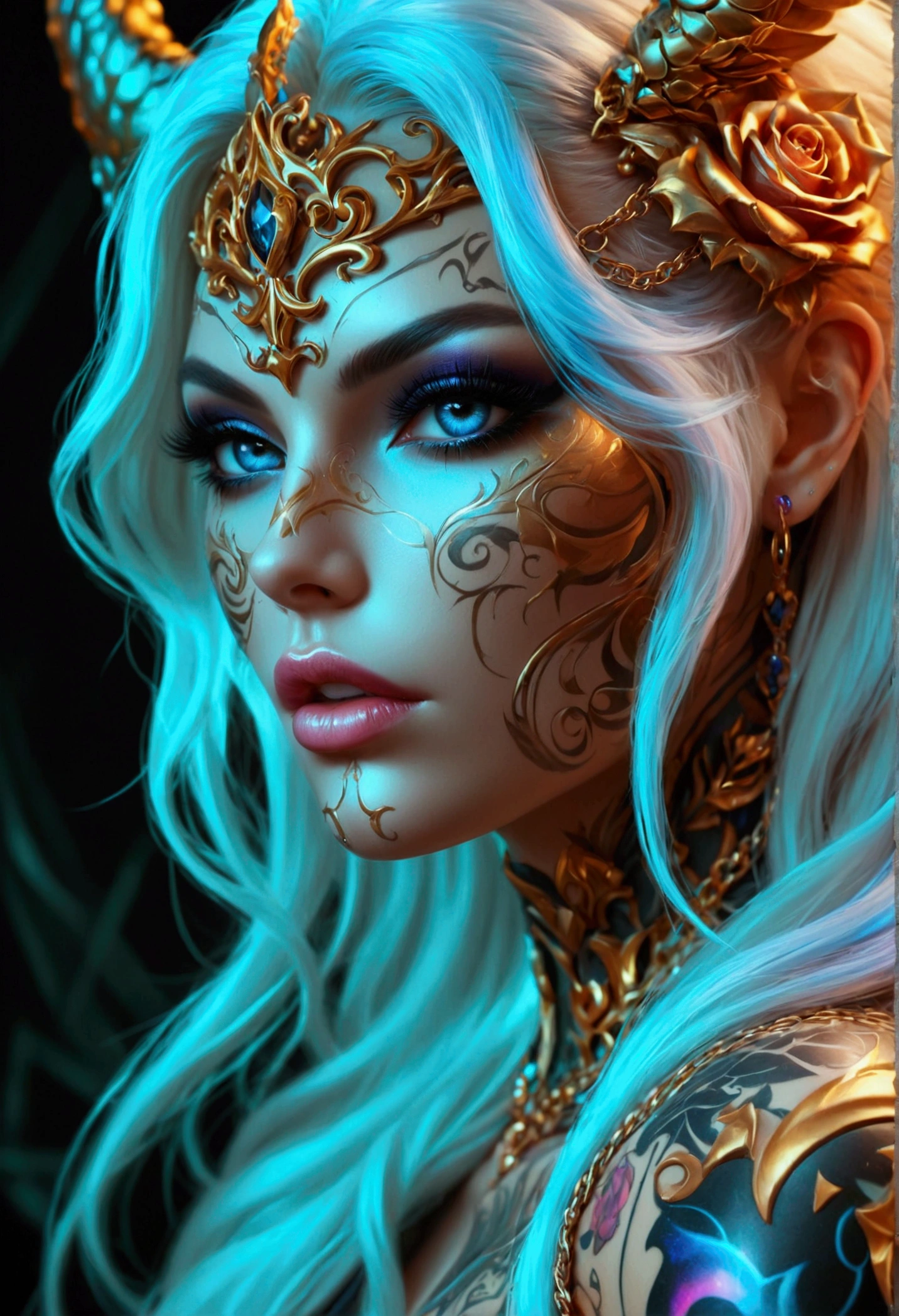 A woman with epic fantasy makeup inspired by Peter Jackson, featuring detailed, mythical elements and rich, dramatic colors