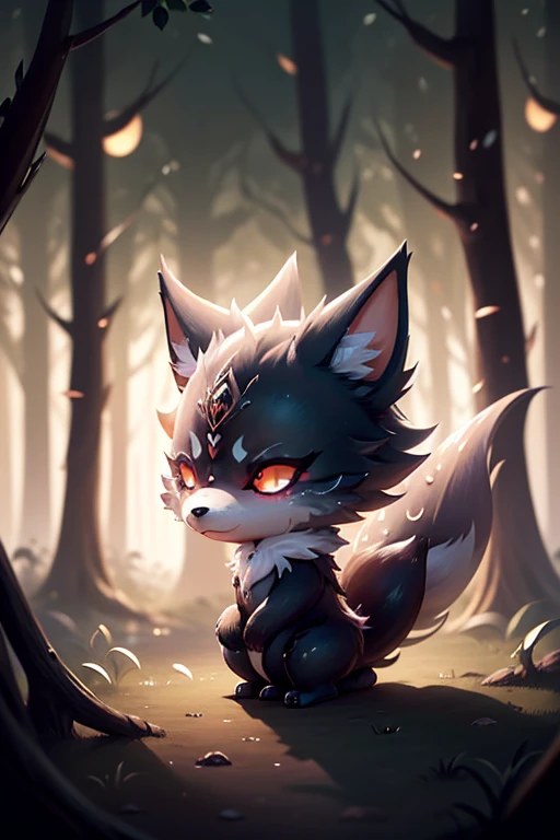 High Fantasy, Best quality, dim lighting, outside lighting, Animalistic, Werewolf, Black fur, Chibi, Cute and Simple, Animal crossing style, Cute and simple artstyle, Front view, Forest Background