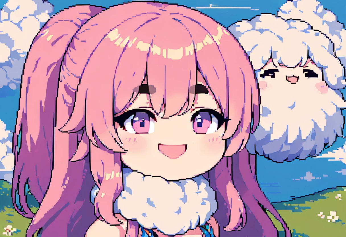 (slowly:1.5, masterpiece, Highest quality:1.3, 8k, Beautiful and detailed pixel art:1.2, Vivid, woman, 若いwoman, smile, cute, Directed at an angle, Open your mouth, Fluffy hair like a cloud, Long Hair, Pink Hair, eyebrow, 太いeyebrow)