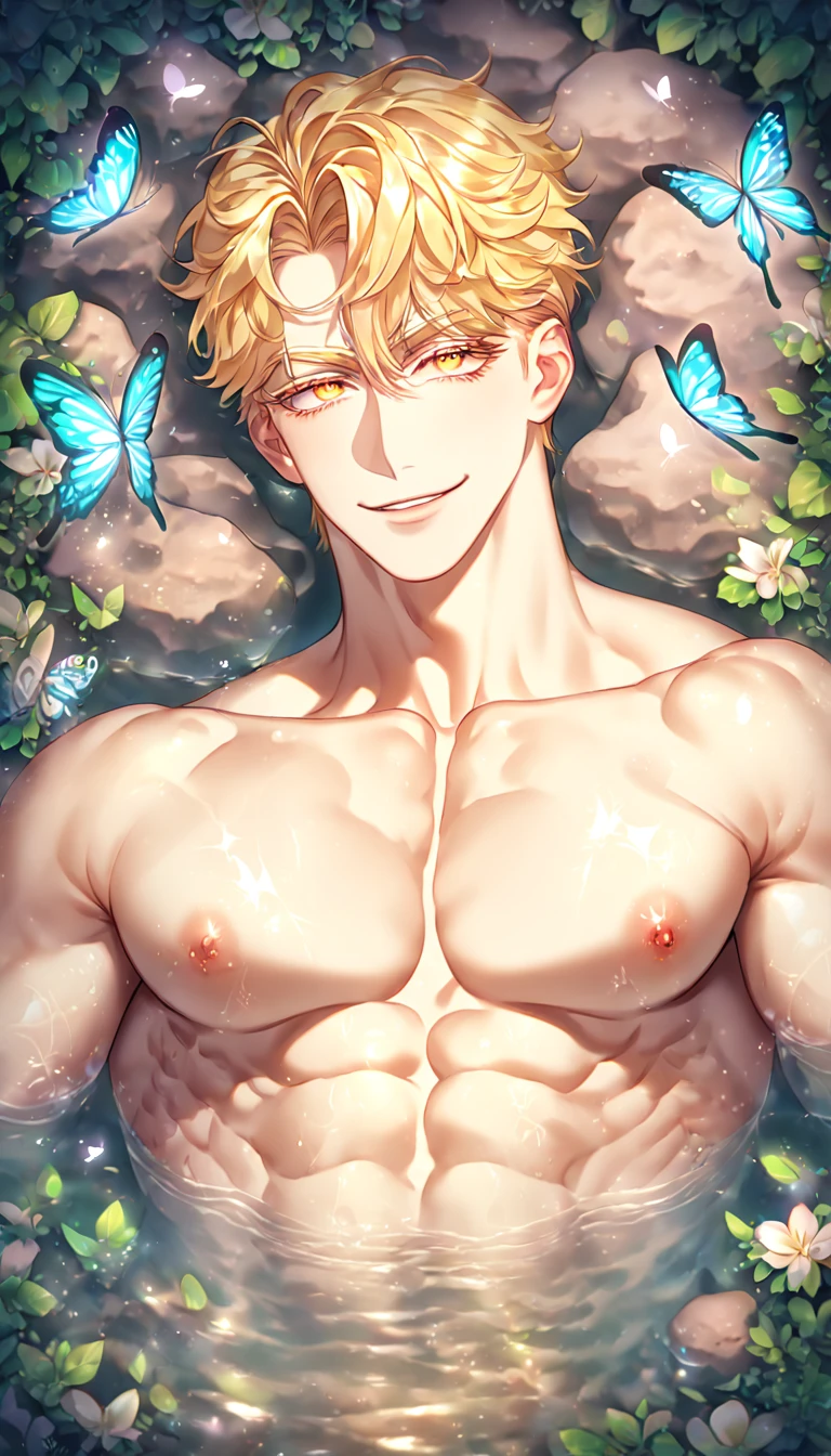 absurdres, highres, ultra detailed, HDR, master piece, best quality, Quincy, blond messy short hair, expressive orange eyes, Nu Carnival, 1man lying on the grass, naked, touching his dick, hand job, petals, garden, lewd expression, sexy