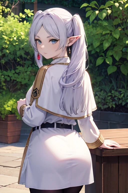 Chic ass, (masterpiece, best quality), 1girl,ass, on stomach, lying, from behind, thick thighs, 1girl, solo, looking at viewer, looking back , aafrie, long hair, white hair, twintails, pointy ears, earrings, thick eyebrows, white capelet, striped shirt, long sleeves, belt, white skirt, black pantyhose, commanding, dominating, angry