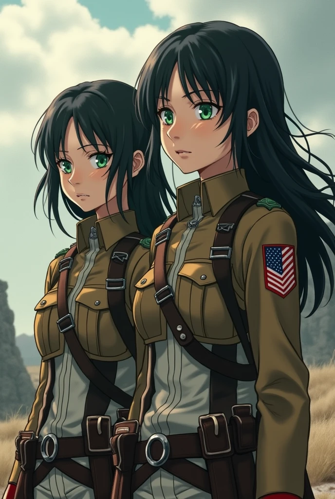 Attack on Titan, a girl with green eyes and black hair. Works at the scouting group, and stands next to Mikasa Ackerman