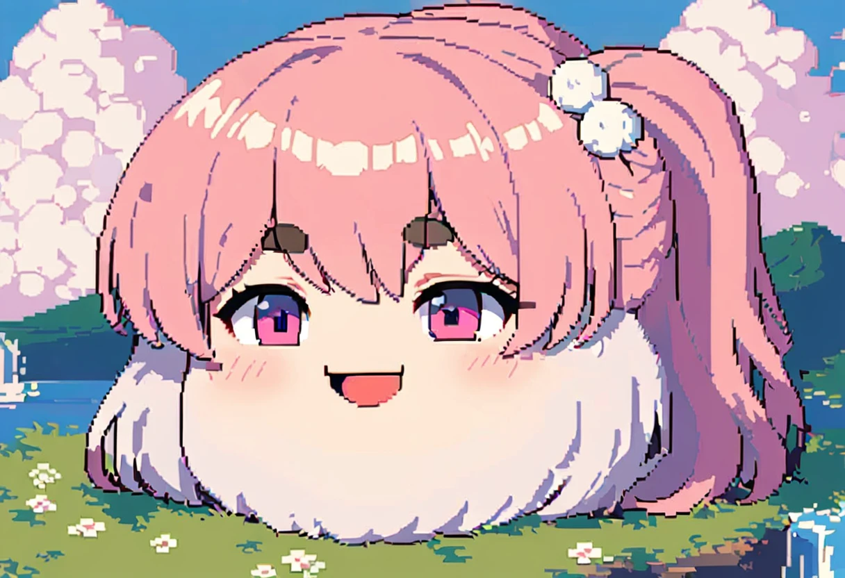 (slowly:1.5, masterpiece, Highest quality:1.3, 8k, Beautiful and detailed pixel art:1.2, Head only:1.5, Vivid, woman, 若いwoman, smile, cute, Directed at an angle, Open your mouth, Fluffy hair like a cloud, Long Hair, Pink Hair, eyebrow, 太いeyebrow)