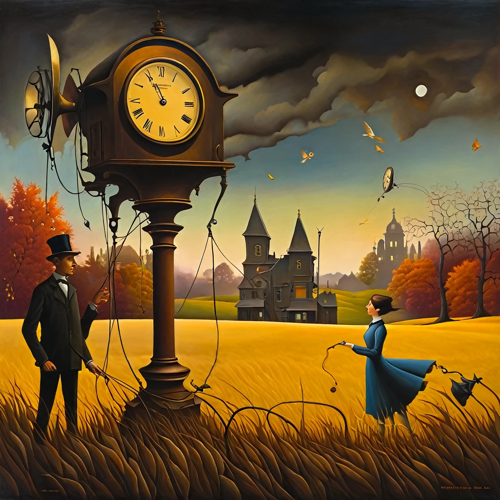 a surreal painting of a man and woman in a field with clocks, inspired by the illustrations of Van Allsburg, Wizner, Charles Adams, and Mark Davis, with an animated, magical realist style, photorealistic, highly detailed, dramatic cinematic lighting, warm autumn color palette, intricate clockwork mechanisms, cinematic perspective, ethereal atmosphere