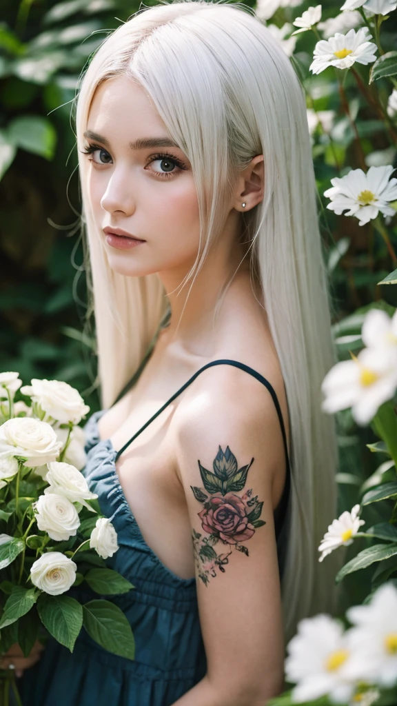 1girl, solo, white_hair, tattoos, grotto, verdant, flowers, beautiful, idyllic, sublime, absurdres, hyper-realism, textured, maximum_detail, dslr