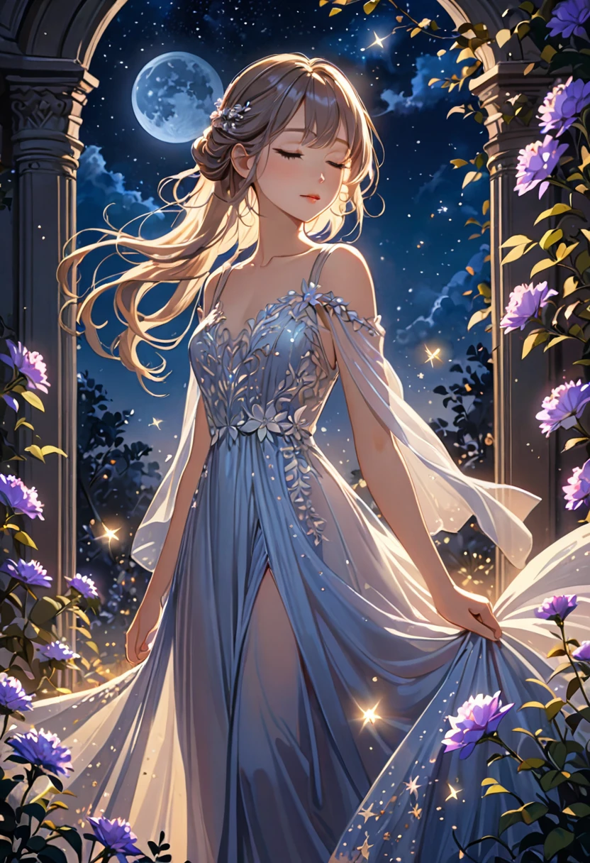 (Best quality,4K,8 K,High resolution,masterpiece:1.2),Young woman, standing alone under the starry night sky, with her silhouette, illuminated by soft moonlight and twinkling stars. Her face is beautifully detailed., with eyes closed, Long and fluttering eyelashes, and exquisitely contoured lips. She is wearing an elegant dress., fluid and ethereal, gracefully embraces her figure, shimmering with a subtle heavenly glow. The intricate details of her dress reflect the faint light of the stars.., creating a mesmerizing shine. The surrounding landscape is a serene garden.., lush, with bright foliage and bright flowers. The air is filled with a light breeze, causing the leaves to rustle, and the flowers sway delicately. The garden is bathed in warmth, Dreamy color palette, with shades of deep blue, PURPLE, and notes of silver. The atmosphere is calm and tranquil, awakening a sense of peace and serenity. The work was done at the highest level., meticulously crafted with ultra-detailed brushstrokes and attention to every element. The texture and depth of the painting are breathtaking.., with a sense of realism and photorealism, conveying the impressive beauty of the night sky. The lighting is soft and diffused, giving a soft glow to the entire scene, Amplifying the Magical Atmosphere. The girl&#39;s presence exudes a sense of mystery and wonder.., as if she was keeping a secret, associated with the heavenly beings above. The overall composition evokes a sense of timelessness and reflects the essence of StarSign.., piece of art, embodying the heavenly beauty and inner strength of a girl in harmony with the stars. (AI generated:.25),(smile:.25)