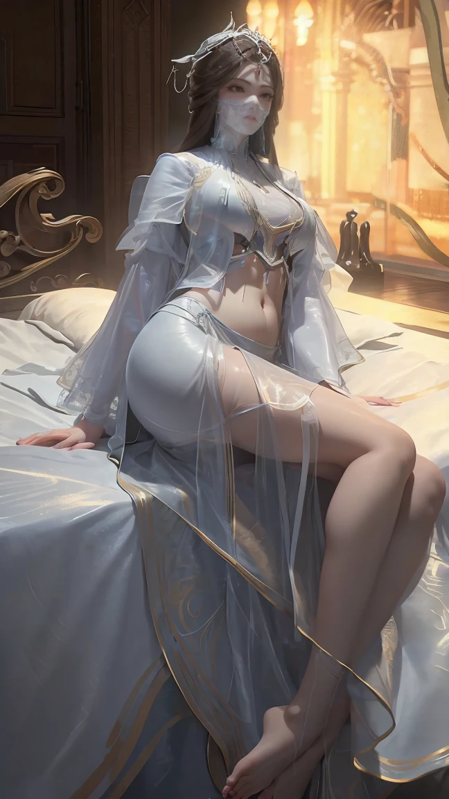 A beautiful girl in a long white dress, multiple layers of skirt, lying on a large bed, full body view, full body capture, barefoot, legs slightly raised, hands placed upwards on the bed, (best quality,4K,8k,highres,masterpiece:1.2),ultra-detailed,(realistic,photorealistic,photo-realistic:1.37),HDR,uhd,studio lighting,ultra-fine painting,sharp focus,physically-based rendering,extreme detail description,professional,vivid colors,bokeh,bikini，Very large breasts，Show your belly button,