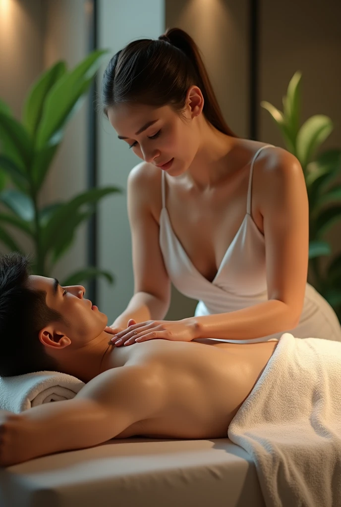 Two men massaging a handsome Asian man in a Thai style massage room.