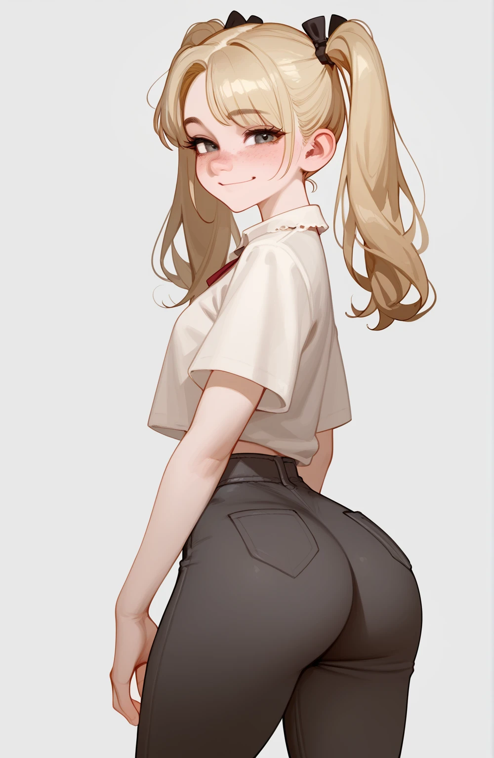 score_9,score_8_up,score_7_up,score_6_up,score_5_up,score_4_up,1girl, pretty girl, shy smile, blond hair, in twintails, pale skin,highly detailed face, cute nose, seductive, freckles, slim blouse, black pants ,big bust,wide hips,big ass,bubble ass,athletic legs,juicy ass,hot,horny,seductive sexual pose,uncensored
