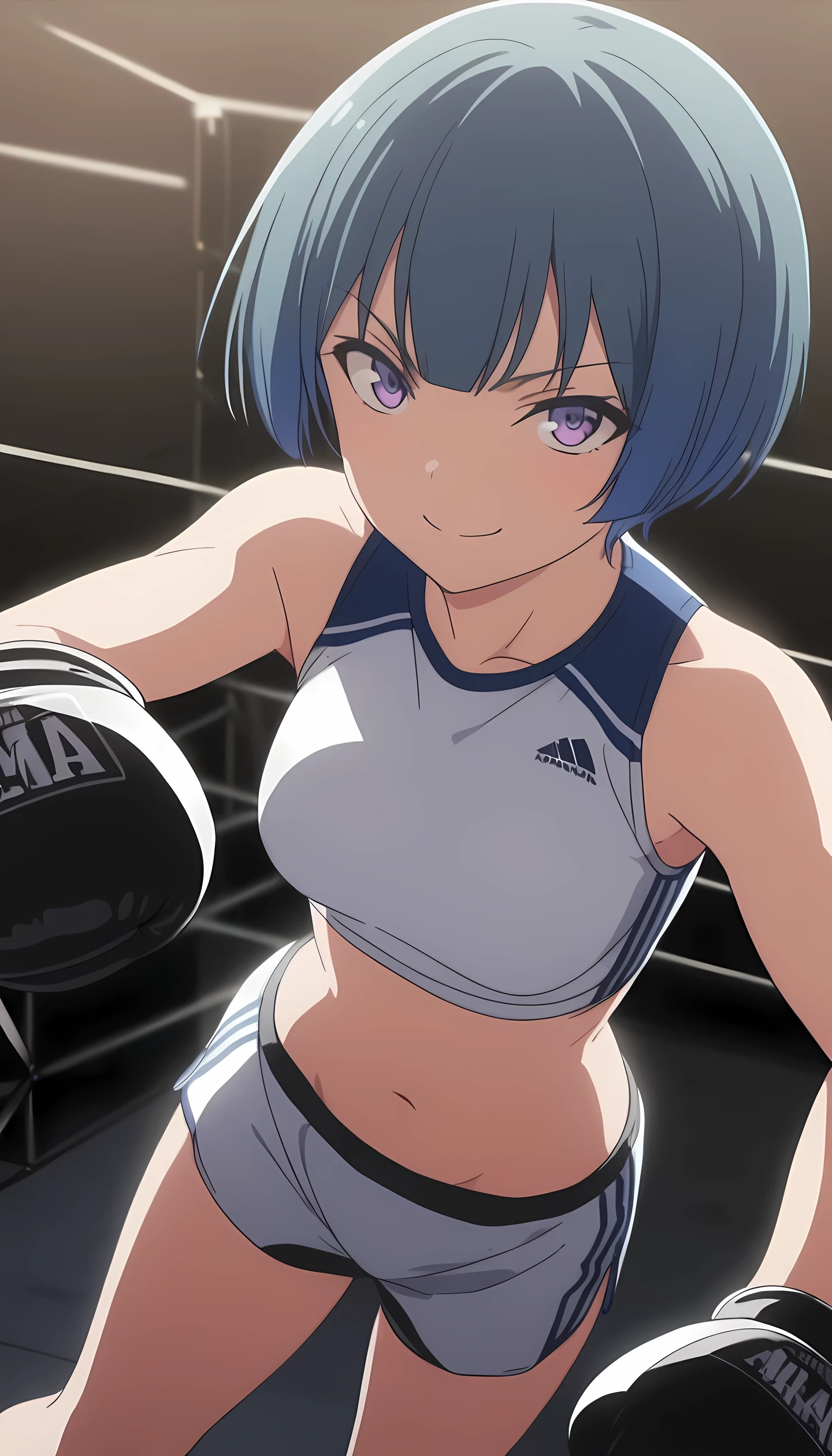 ibuki, 1girl, short hair, bangs, blue hair, purple eyes, masterpiece, best quality, (wearing sexy sports wear:1.5, boxing gloves, bare thigh, navel), (on MMA Arena :1.5), smile, Toned stomach, looking at viewer,cinematic lighting, anime screencap,Ultra HD,Detailed eyes,Detailed face, upper body shot, from above, fighting,