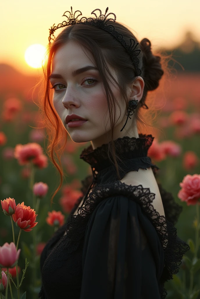 pale skin, evil slavic woman, long light brown hair, muscular, Black Elegant Clothing, beautiful dynamic pose, Unusual angle, Beautiful Elegant Pose for Photography, lies on the ground in poppy flowers,poppy flowers, Poppy field, Nikon D850, 4 Kodak Portra 400, F1 camera lens.6, ultra-realistic, lifelike texture, Cinestill 800