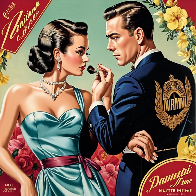 A beautiful and sophisticated lady and side part hairstyle handsome gentleman,  Art Van Damme Quintet Like the record cover of "Martini Time", Cool handsome gentleman and  Retro Hairstyles lady to kiss, floral organza frocks, Cocktail Glass, 1950's record jacket, Feels a bit Retro texture, bar lounge background, (masterpiece, top quality, official art, beautiful and aesthetic:1.2)