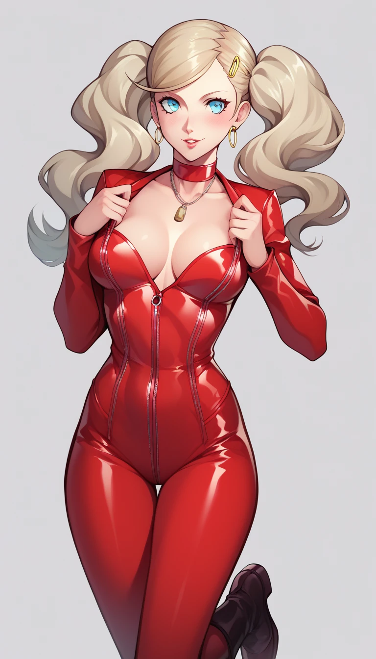 score_9, score_8_up,  score_7_up, Ann Takamaki from persona 5 striking a seductive pose in the middle of a crowded street in a sprawling metropolis. Vibrant anime in style of Persona 5