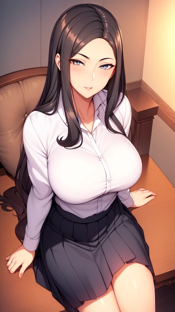 from above,masterpiece,Best quality,1girl,black long hair,Mature and intellectual lady,beautiful,pleated skirt,shirt tucked in,tented shirt,castle,at noon