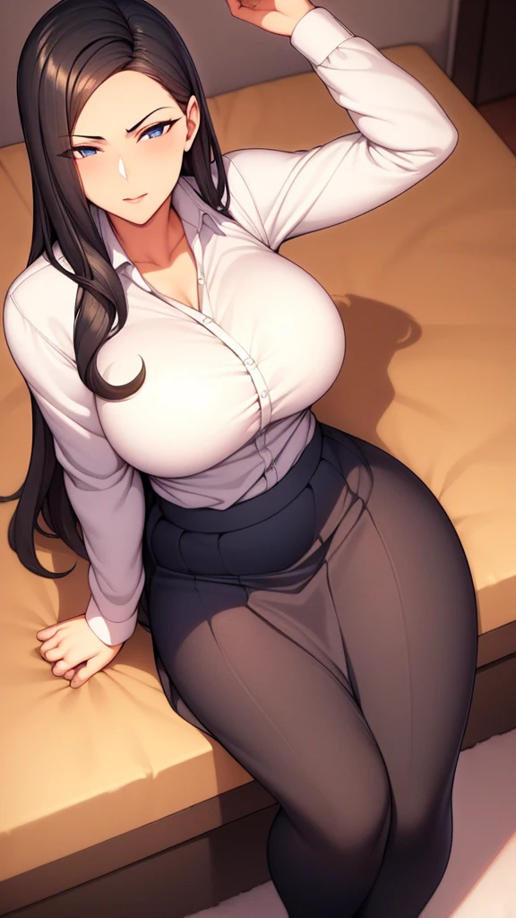 from above,masterpiece,Best quality,1girl,black long hair,Mature and intellectual lady,beautiful,pleated skirt,shirt tucked in,tented shirt,castle,at noon