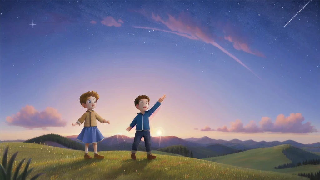 Here is the image based on your prompt: a boy and a girl standing on a hill under a sky full of stars and shooting stars.