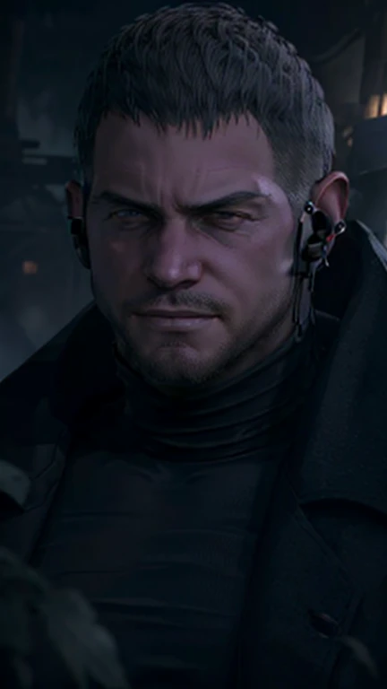 Dark gothic village in the background, old Chris Redfield from Resident Evil 8, 4, muscular male, tall and hunk, black cold turtleneck, straps, earpiece, beard, handsome face, little smile, video games style, high resolution:1.2, best quality, masterpiece, dark nightime, dark atmosphere, volumetric lighting, shadow, potrait, face close up