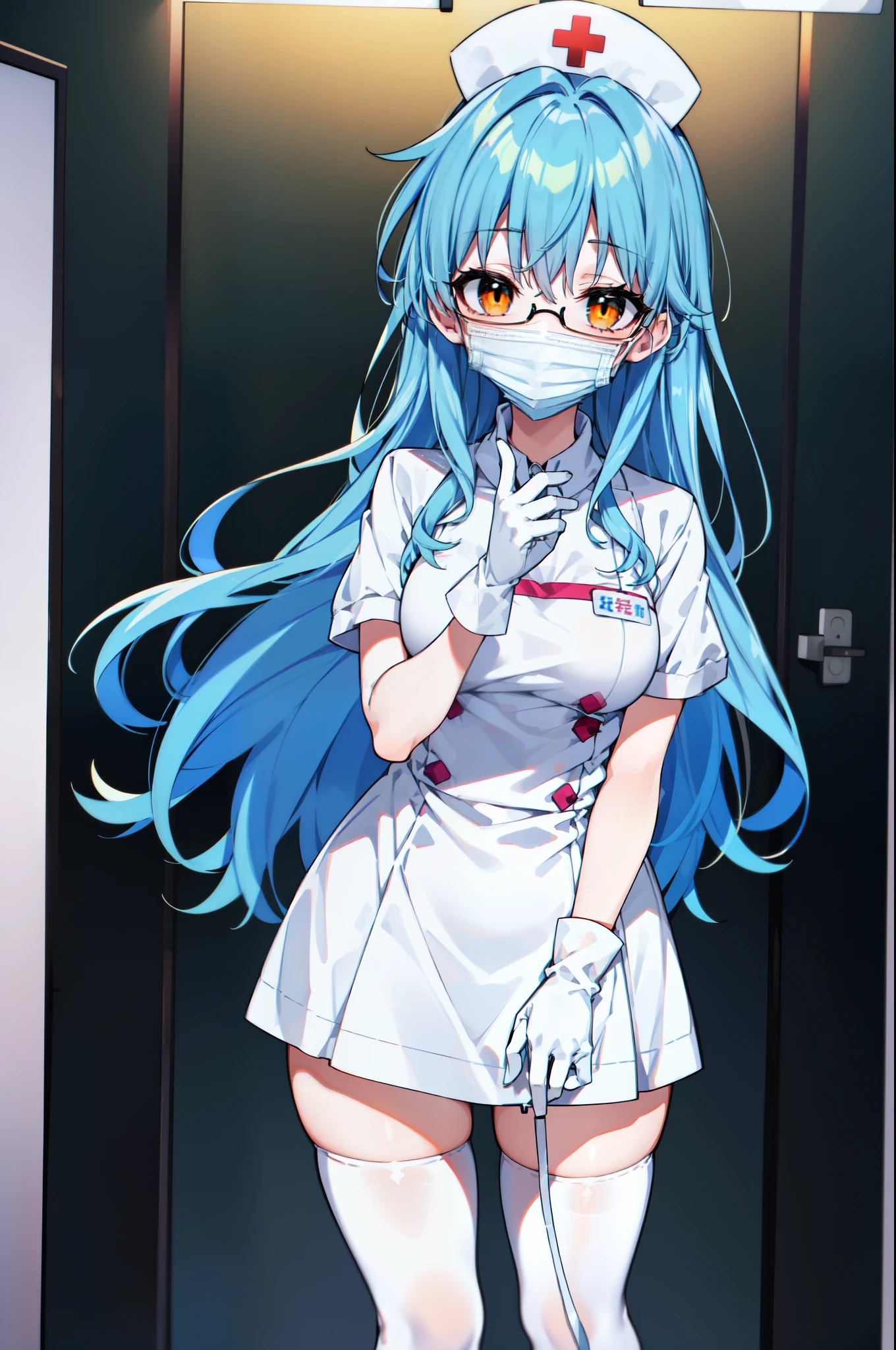 1woman, solo, nurse, white nurse cap, white nurse uniform, ((white legwear, zettai ryouiki)), white gloves, glasses, blue hair, orange eyes, ((white surgical mask, covered nose)), standing, ((hospital room)), sharp outline, short sleeves, mature female, 35yo, best quality, masterpiece