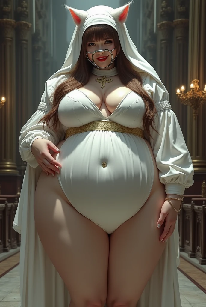 (masterpiece:1.2, best quality, absurdres, realistic, detailed face, breast focus), 1girl, nun, church, alternate hairstyle, blushed, detailed background, saggy breasts, middle-aged woman, hurt, looking at viewer, glasses, from front, necklace, plump, covered nipples, see through, ripped dress, gloves