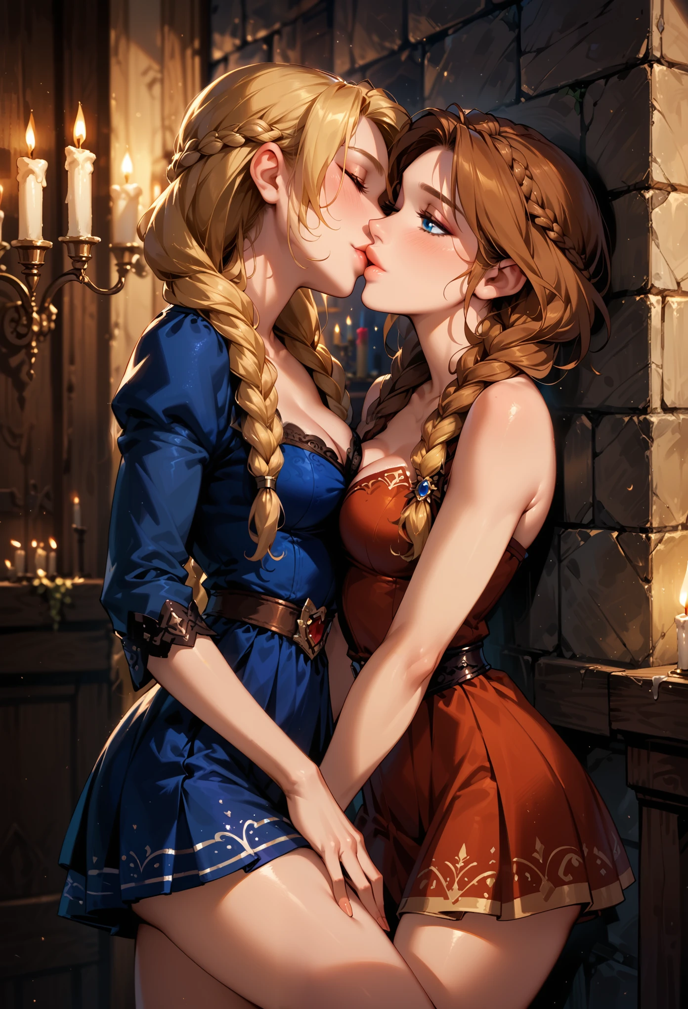 Dark Fantasy Art of score_9, score_8_up, score_7_up, rating_questionable, fantasy, lighting, epiCPhoto, 2girls, duo, couple, yuri, very sexy (ASTRIDHOFFERSON, blonde hair, braid, Long hair, blue eyes, short skirt:1.2), and (Anna, brown hair, braided pigtails:1.3), cleavage, thigh, flirt, sexy look, eyes closed, head tilt, filled lips, thick lips, makeup, modelling shoot, sexy pose, in bedroom, against wall, in heat, kissing, dark, moody, dark fantasy style, (midnight, dimly lit, candlelight:1.4).