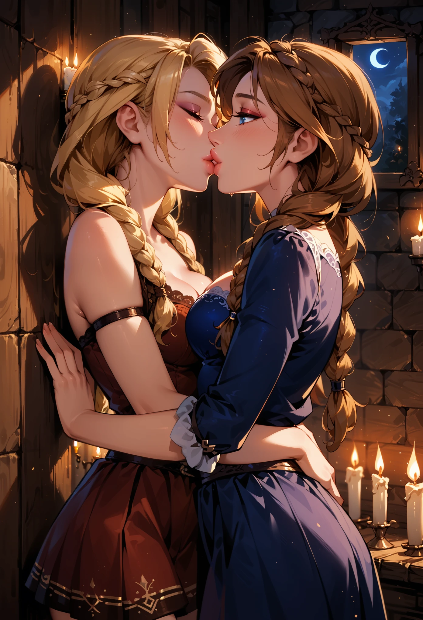 Dark Fantasy Art of score_9, score_8_up, score_7_up, rating_questionable, fantasy, lighting, epiCPhoto, 2girls, duo, couple, yuri, very sexy (ASTRIDHOFFERSON, blonde hair, braid, Long hair, blue eyes, short skirt:1.2), and (Anna, brown hair, braided pigtails:1.3), cleavage, thigh, flirt, sexy look, eyes closed, head tilt, filled lips, thick lips, makeup, modelling shoot, sexy pose, in bedroom, against wall, in heat, kissing, dark, moody, dark fantasy style, (midnight, dimly lit, candlelight:1.4).