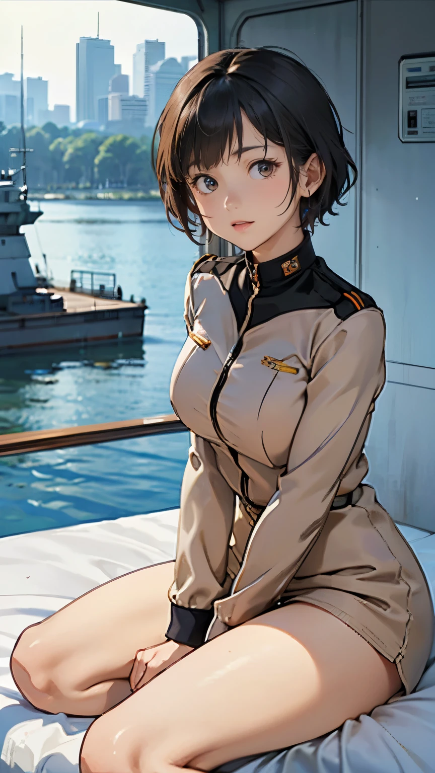 Earth Federation Operator Girl Soldier、Black short hair、Large Breasts、Idol-level cuteness、Childish face and appearance、Operator intercom mounted on head、Accurately drawn faces、thin、Inside the bridge of a battleship、Low angle shot、Anatomically correct、Accurate Fingers、Accurate Rimbuster Piece、Photorealization,(I can see your underwear,Breasts exposed),((undewear pants)),((On the bed)),((separate legs)),(((all nude))),(((股を広げて見せる))),(((股が濡れている)))