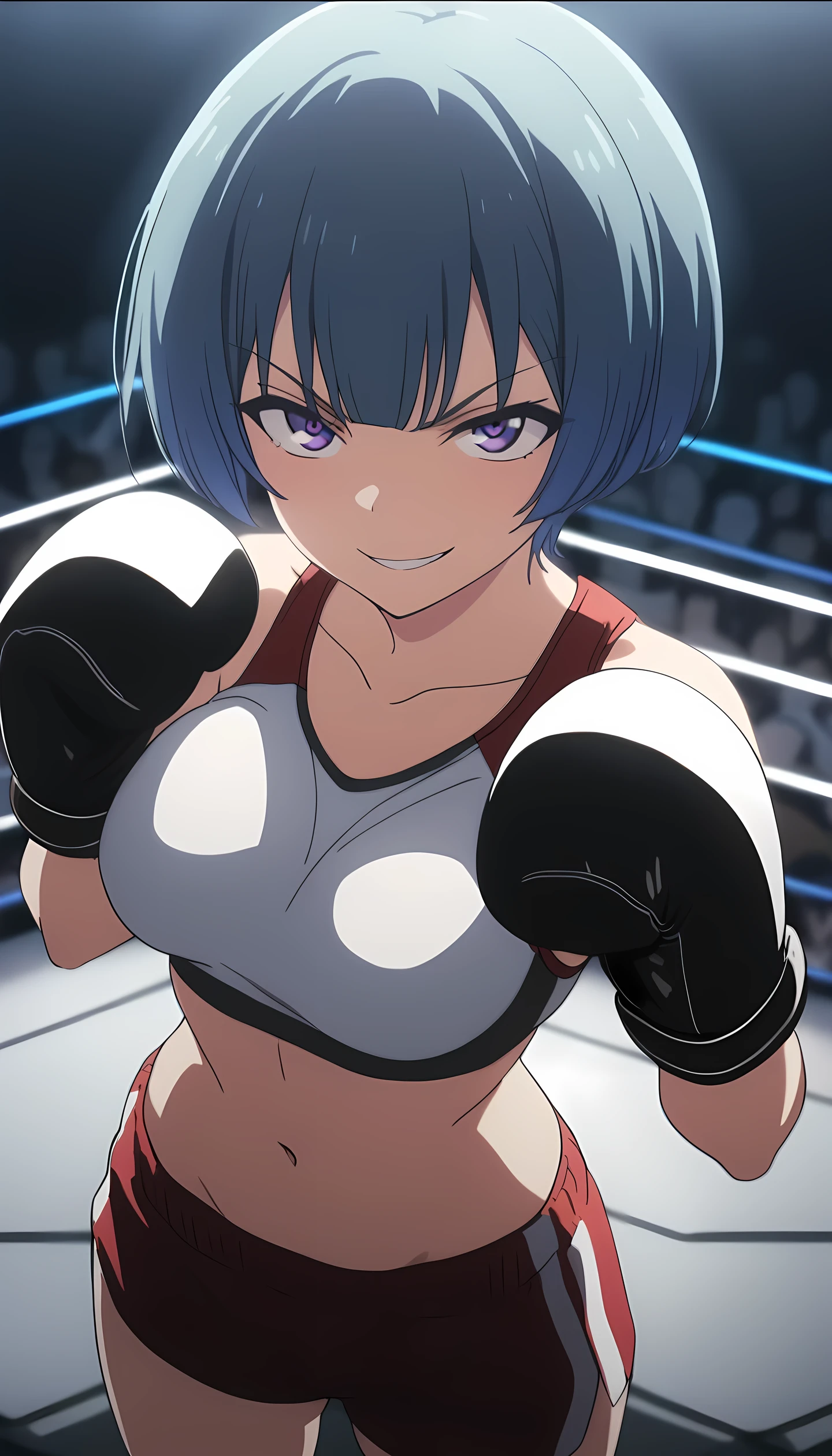 ibuki, 1girl, short hair, bangs, blue hair, purple eyes, midium breast, masterpiece, best quality, (wearing sexy sports wear:1.5, boxing gloves, bare thigh, navel), (on MMA Arena :1.5), smirk, Toned stomach, looking at viewer,cinematic lighting, anime screencap,Ultra HD,Detailed eyes,Detailed face, upper body shot, from above, fighting,