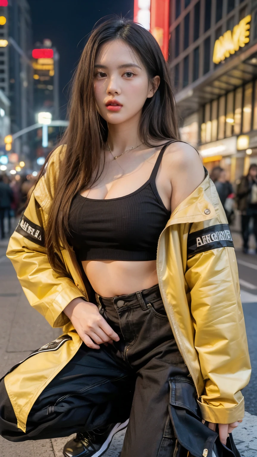 $masterpiece$,best quality, 8K,realistic photo,RAW photo, expressive eyes, perfect face,Front,A asian beautiful girl with flowing hair in shades of golden and blavk, wearing a holographic bomber jacket reflecting the spectrum of colors, white spaghetti strap crop top,ultra-short denim hot pants, and knee-high golden platform boots,She is kneeling on one knee on a floor illuminated by shimmering neon lights,