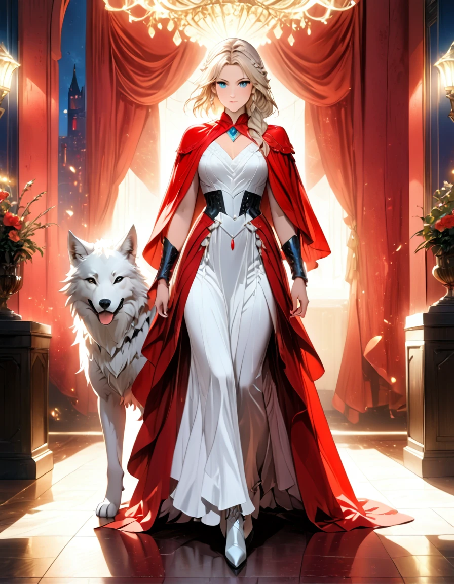 fantasy art, RPG art, ultra wide shot, RAW, photorealistic, a picture of woman and her (white: 1.4) wolf pet, the woman,  an exquisite beautiful human woman, long blond hair, braided hair, green eyes, wearing elegant silk dress, intricate dress,  wearing (red cloak: 1.1), wearing high heeled boots, standing in a fantasy ballroom, an epic ((white)) wolf stands near her, glowing blue eyes, protecting her, fantasy ballroom at night background, best quality, 16k, [ultra detailed], masterpiece, best quality, (ultra detailed), full body, ultra wide shot, photorealism