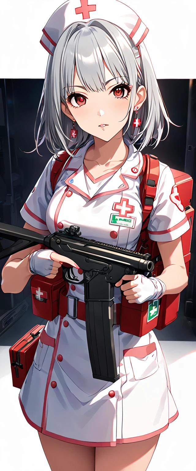 (Perfect Anatomy)、Mastepiece、Ultra High Quality、 8k、masterpiece、Highest quality、Ultra-high resolution、Maximum resolution、Very detailed、Professional Lighting、anime、woman、thin、Very beautiful face、Very beautiful eyes、(Highly detailed eye)、Highly detailed face, ，Nurse uniform, nurse, Has a submachine gun、Red Eye、Silver Hair、short hair、Earrings、Fingerless gloves、Beautiful Eyes、Gloss Lip、Tactical Boots、Equipped with transparent orange shooting goggles、Equipped with a chest rig、Carry a first aid kit、Health Corps, ((submachine gun)), (((hold a gun and take aim))), (((aiming at viewer gun)))