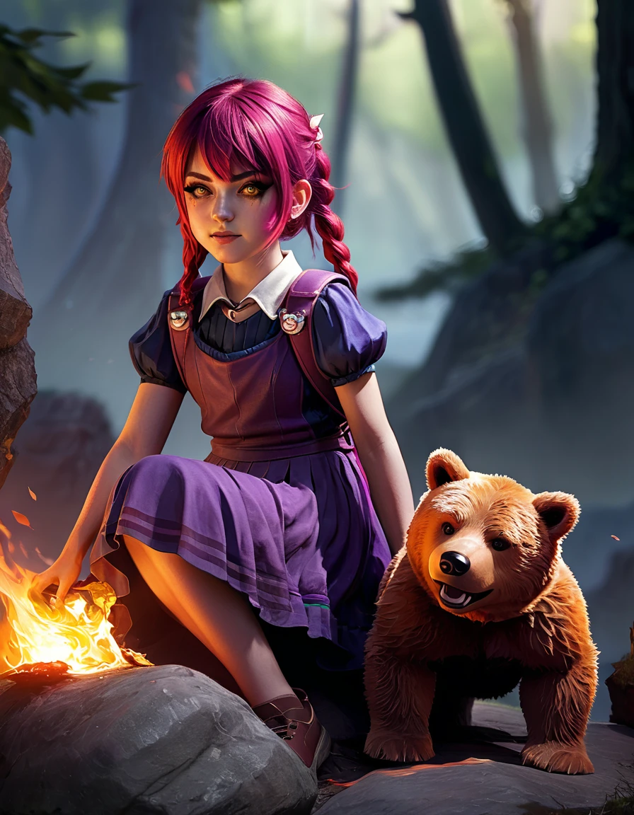 a close up of a girl sitting on a rock with a bear, annie from league of legends, league of legends art, league of legends splashart, league of legends character art, league of legends splash art, league of legends concept art, league of legends style art, league of legends character, style league of legends, style of league of legends, league of legends wallpapers, Create a highly detailed, 8k resolution image of Annie from League of Legends, but with a hyper-realistic style. Annie is a young girl, around 8-, with intense, glowing green eyes and fiery red hair styled in pigtails. She has a mischievous, yet slightly sinister expression, reflecting her control over fire. Her hair should look wild, with strands catching small embers as if charged with magical energy. Annie wears a dark purple dress with a torn, burnt hem, showing signs of her affinity for fire. Her backpack has a tattered, worn-out teddy bear, which she clutches in one hand, while her other hand summons a glowing orb of flame.

Surround her with flames that flicker and dance in the air, casting a warm glow on her face and clothes. In the background, her giant flaming bear, Tibbers, looms menacingly, his fur made of dark, charred fabric with glowing cracks revealing the inferno within. His eyes should burn with a fierce, fiery light. The environment around them is scorched, with burning trees and smoke rising into the air. The lighting should enhance the flames and magical elements, with realistic textures of singed clothing, fire, and heat distortion around the characters.