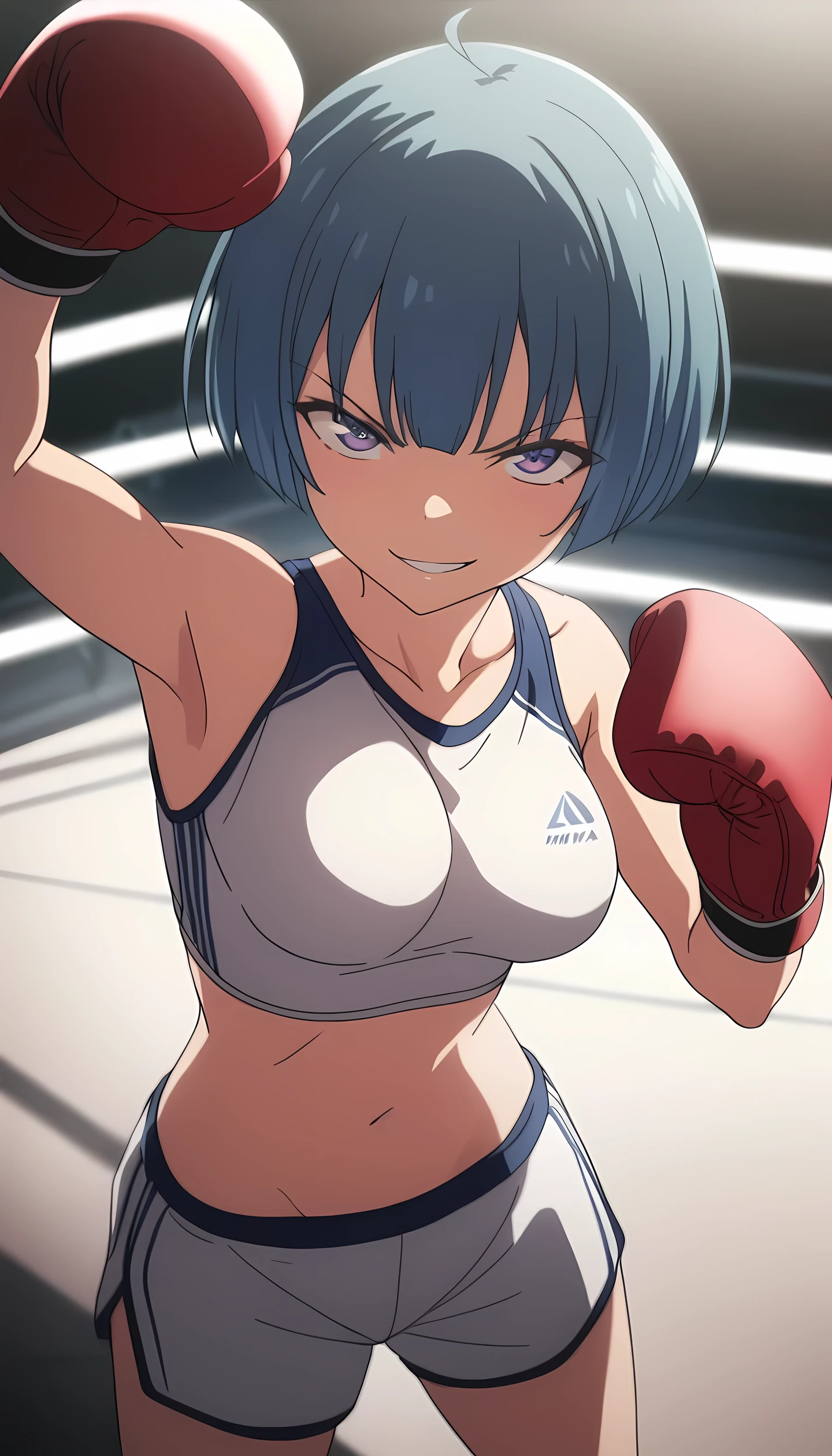 ibuki, 1girl, short hair, bangs, blue hair, purple eyes, midium breast, masterpiece, best quality, (wearing sexy sports wear:1.5, boxing gloves, bare thigh, navel), (on MMA Arena :1.5), smirk, Toned stomach, looking at viewer,cinematic lighting, anime screencap,Ultra HD,Detailed eyes,Detailed face, upper body shot, from above, fighting,