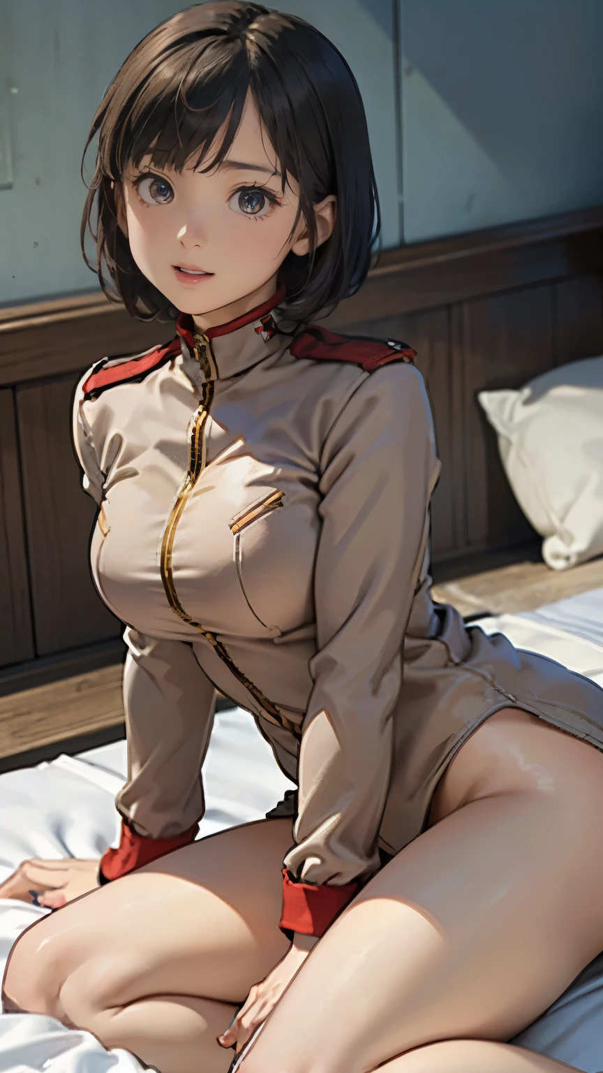 Earth Federation Operator Girl Soldier、Black short hair、Large Breasts、Idol-level cuteness、Childish face and appearance、Operator intercom mounted on head、Accurately drawn faces、thin、Inside the bridge of a battleship、Low angle shot、Anatomically correct、Accurate Fingers、Accurate Rimbuster Piece、Photorealization,(I can see your underwear,Breasts exposed),((undewear pants)),((On the bed)),((separate legs)),(((all nude))),(((股を広げて見せる))),(((股が濡れている)))