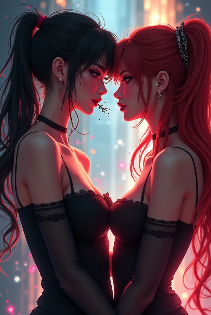 adesivo, fundo simples, portrait, 2 girls, couple, kissing, girl with long hair, beautiful gothic girl, gothic aesthetic, beautiful girl, very beautiful fantasy art, beautiful and elegant female gothic, beautiful detailed fantasy, black and red color palate, red color-theme