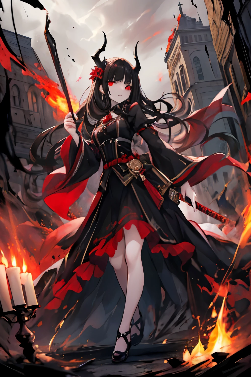 masterpiece, Highest quality, High resolution,(Highest quality,4K,High resolution,masterpiece:1.2),Very detailed,Realistic:1.37,masterpiece, Highest quality, Exquisitely crafted, woman, beautiful, elegant, smile, Blood, iridescent Long Hair, bangs, skirt, shirt, Long sleeve, Frills, shoes, (Red and Black:1.4), flower, spooky, horor, Bones, Long Hair, Black Hair, Candles, Blood, hair flower, Dead, hair ornaments, Bone, Doll, Bone, skeleton, horor (theme),spooky altar background,Dark fantasy,Red color scheme,Ominous atmosphere,Draws an eye,Storytelling,anatomy,Anime Style,Concept Art,Beautiful detailed face and (((Red eye ))),A terrifying ritual ,Satanic Ritual,Premature death,Misconduct,Crazy smile,Scythe Face,Girl Monster, beautiful, Delicate facial features, Sharp eye, Sharp fangs, dark, intense, formidable expression, long dark flowing hair, sharp horns, full-body dark armor with red glowing accents, detailed intricate patterns, glowing red katana, firm standing pose, facing slightly to the side, gazing forward with glowing red eyes, pale smooth skin, chaotic, war-torn background, burning buildings, heavy smoke, flames, powerful contrast, shadows and highlights, dramatic and intense lighting, fierce, turbulent atmosphere, low angle shot, shallow depth of field, sharp focus on character, blurred flame-filled background, well-exposed contrasting light and dark elements, dynamic movement, potential use of digital painting techniques.