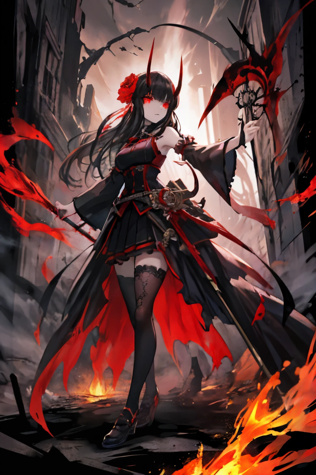 masterpiece, Highest quality, High resolution,(Highest quality,4K,High resolution,masterpiece:1.2),Very detailed,Realistic:1.37,masterpiece, Highest quality, Exquisitely crafted, woman, beautiful, elegant, smile, Blood, iridescent Long Hair, bangs, skirt, shirt, Long sleeve, Frills, shoes, (Red and Black:1.4), flower, spooky, horor, Bones, Long Hair, Black Hair, Candles, Blood, hair flower, Dead, hair ornaments, Bone, Doll, Bone, skeleton, horor (theme),spooky altar background,Dark fantasy,Red color scheme,Ominous atmosphere,Draws an eye,Storytelling,anatomy,Anime Style,Concept Art,Beautiful detailed face and (((Red eye ))),A terrifying ritual ,Satanic Ritual,Premature death,Misconduct,Crazy smile,Scythe Face,Girl Monster, beautiful, Delicate facial features, Sharp eye, Sharp fangs, dark, intense, formidable expression, long dark flowing hair, sharp horns, full-body dark armor with red glowing accents, detailed intricate patterns, glowing red katana, firm standing pose, facing slightly to the side, gazing forward with glowing red eyes, pale smooth skin, chaotic, war-torn background, burning buildings, heavy smoke, flames, powerful contrast, shadows and highlights, dramatic and intense lighting, fierce, turbulent atmosphere, low angle shot, shallow depth of field, sharp focus on character, blurred flame-filled background, well-exposed contrasting light and dark elements, dynamic movement, potential use of digital painting techniques.