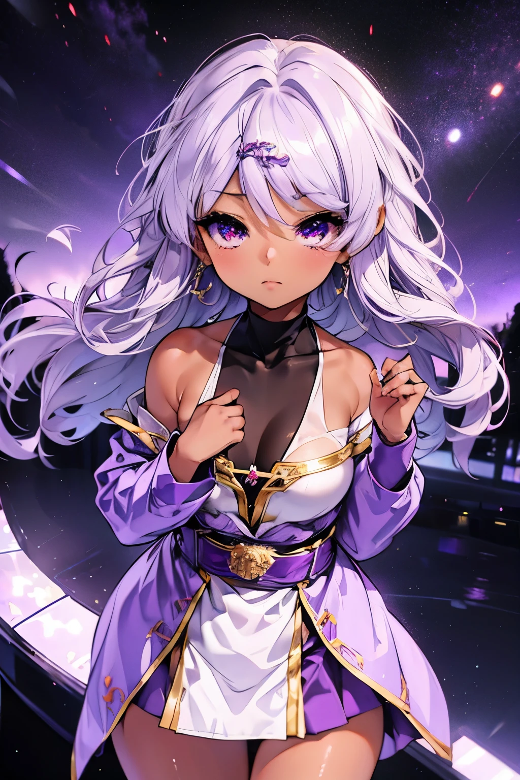 Produce an anime-style image, The girl, skin black, , ha ((purple eyes)) enchanting. {darkskin} hair as white as snow, The girl de corpo inteiro, Possession of a goddess, an ancient goddess, Galaxy Eyes