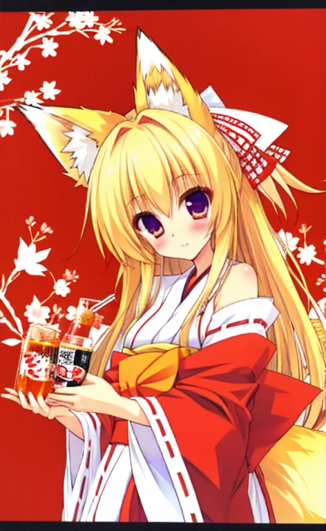 Beautiful long blonde girl　miko　Fox Ears　Fox Tail　shrine　Japan drink alcohol　Hot face