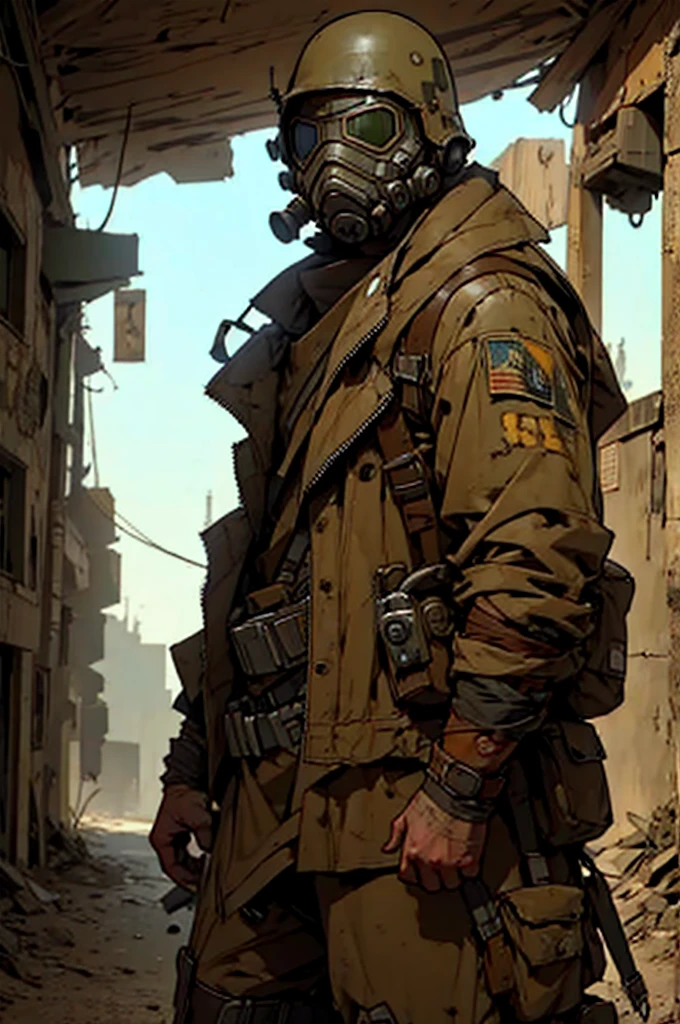 A male soldier, of a post apocalyptic future, a soldier of a post apocalyptic government, fallout style.