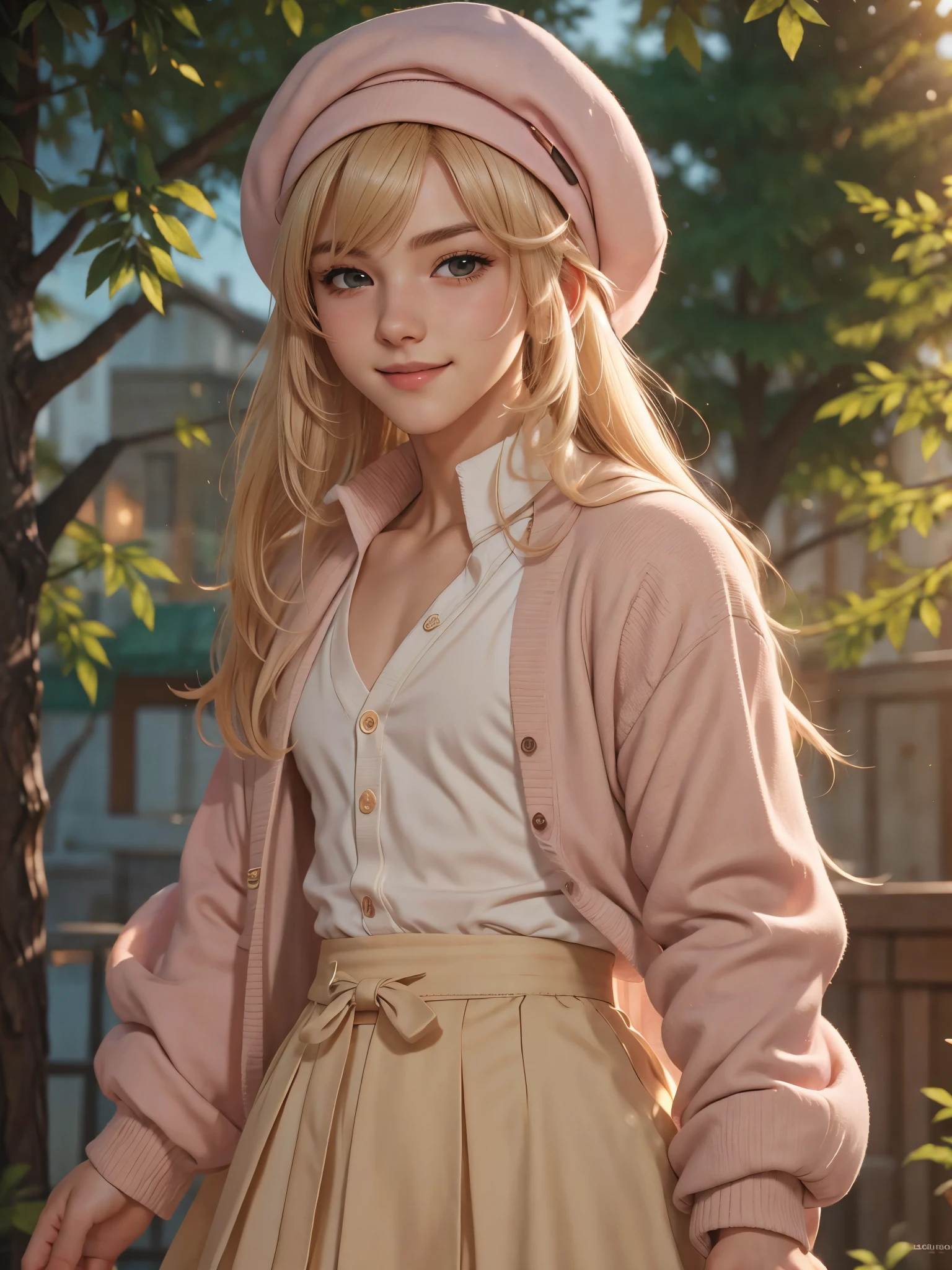 (best quality), 1boy, male, femboy, cute face, porcelain skin, blonde hair, straight hair, long hair, swept bangs, beret, cardigan, skirt, brown eyes, perfect eyes, smile, blush, pink lips, masterpiece, anatomically correct, highres
