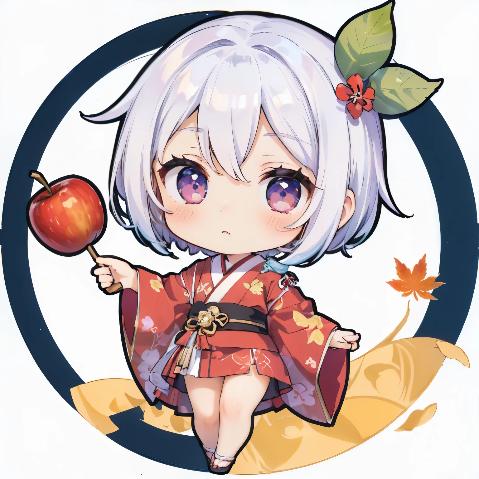 A cartoon character holding an apple、There are leaves around her, White-haired God, Ayaka Genshin Impact, Hajime Yatate, 🍁 cute, Chibi Art, Official Art, Zerochan Art, Anime Chibi, Genshin Impact Mid-Range, Chibi Anime Girl, shikamimi, Onmyoji portrait, Nendoroid-like style, Official Fan Art