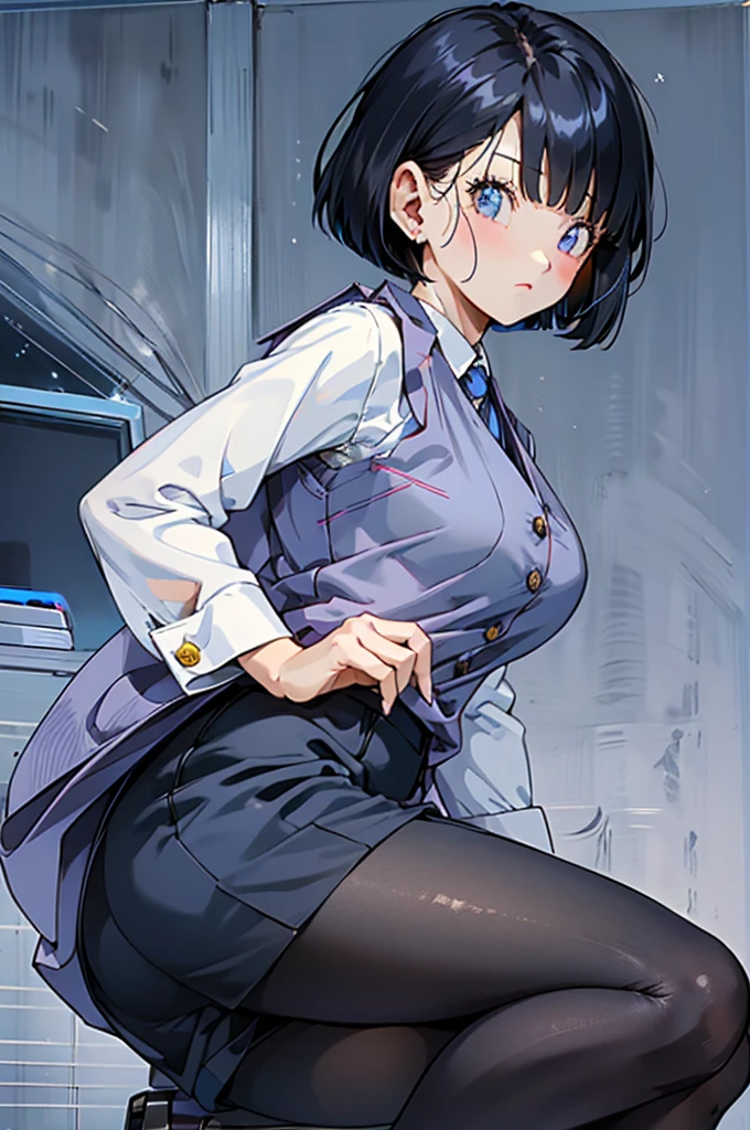 Highest quality, Flying debris、Beautiful woman、officeレディー、Black Hair、(Brown eyes、Big Breasts、Blunt bangs)、short hair、チェック柄のダークブルーのofficeスーツ)、new employee,Full Body Shot、Female office lady、break(Dark blue checked vest、White dress shirt、Navy blue long tight pencil skirt:1.2)、(black tights、High heels)、break(office:1.3)