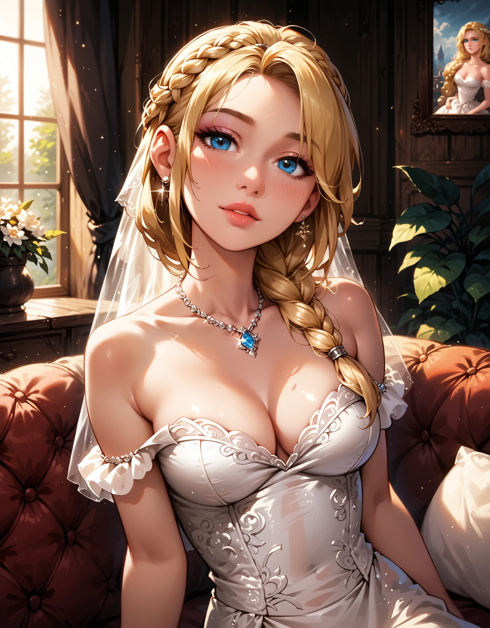 Dark Fantasy Art of score_9, score_8_up, score_7_up, rating_questionable, fantasy, lighting, cinematic film still, epiCPhoto, 1girl, solo, very sexy (ASTRIDHOFFERSON, blonde hair, braid, Long hair, blue eyes:1.2), sexy wedding dress, cleavage, flirt, gaze, sexy look, half-closed eyes, head tilt, filled lips, thick lips, makeup, in the living room, on the couch, dark, moody, dark fantasy style, (dark outside, dimly lit:1.3), shallow depth of field, vignette, highly detailed, high budget, (ultra-detailed), (best illustration), (best shadow), (absurdres), (detailed background), (very aesthetic).