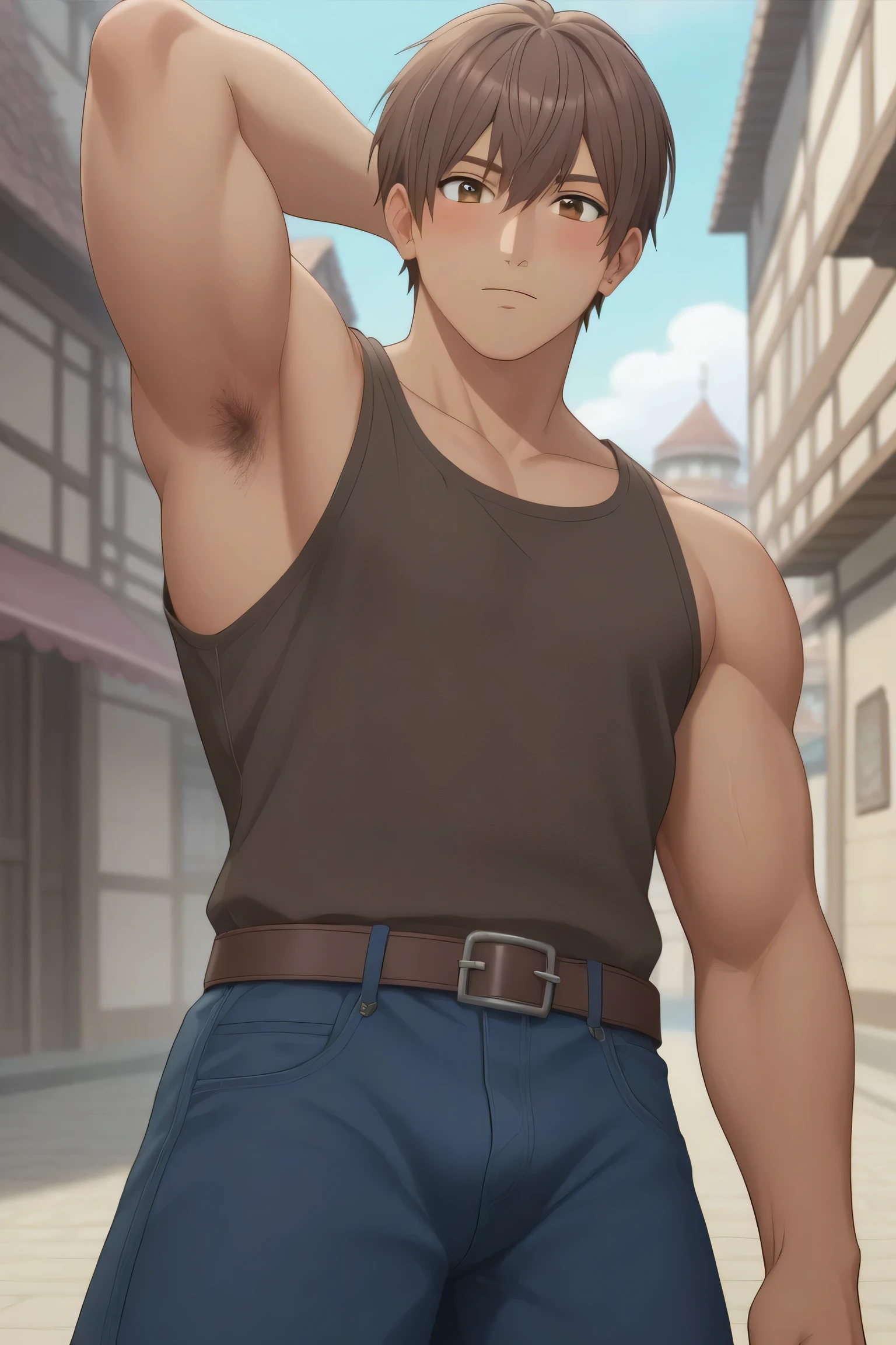 core_9, score_8_up, score_7_up, source_anime, rating_safe, intricate details, anime screencap, , official style, looking at viewer, 1boy, solo, male focus, toya_kinomoto, brown hair, brown eyes, brown skin, from below, public, medieval town, front view, bottom view, manly, adult, pubic hair, armpit hair, stud, muscular, big biceps, big thighs, cell-shaded, blushing, wearing knight armor, bulge,,